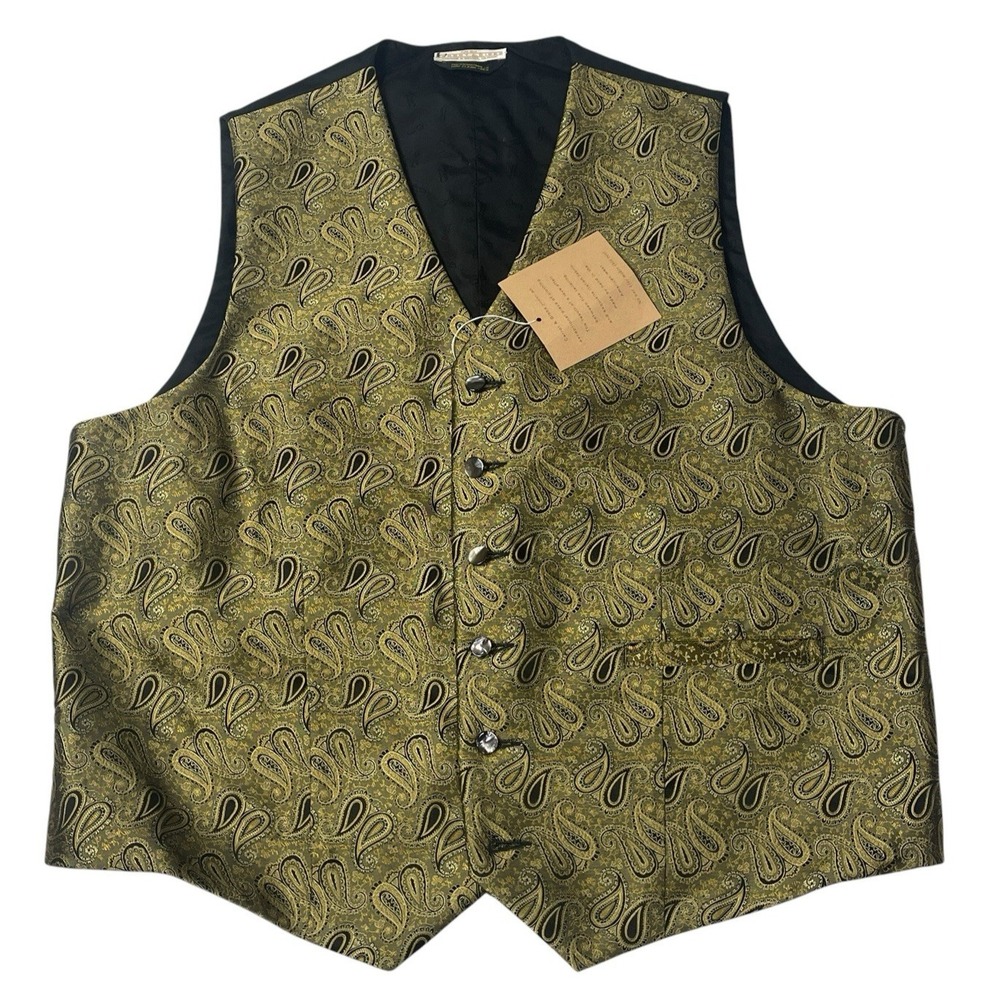 Mens Pure Silk Paisley Vest XL Gold Black Handmade USA Formal Wedding NWT